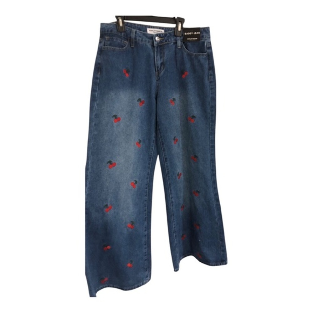 Ashley Mason cherry embroidered wide flare leg baggy jeans size 11/30 brand new
